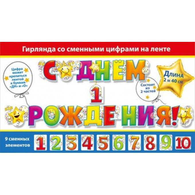 Гирлянда "С днем рождения! 1-10 лет" (со сменными цифрами)