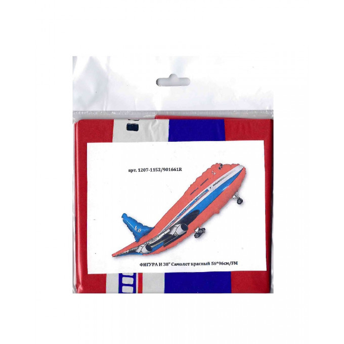 Воздушный шар фольгированный 38"/56*96 см Фигура Самолет красный