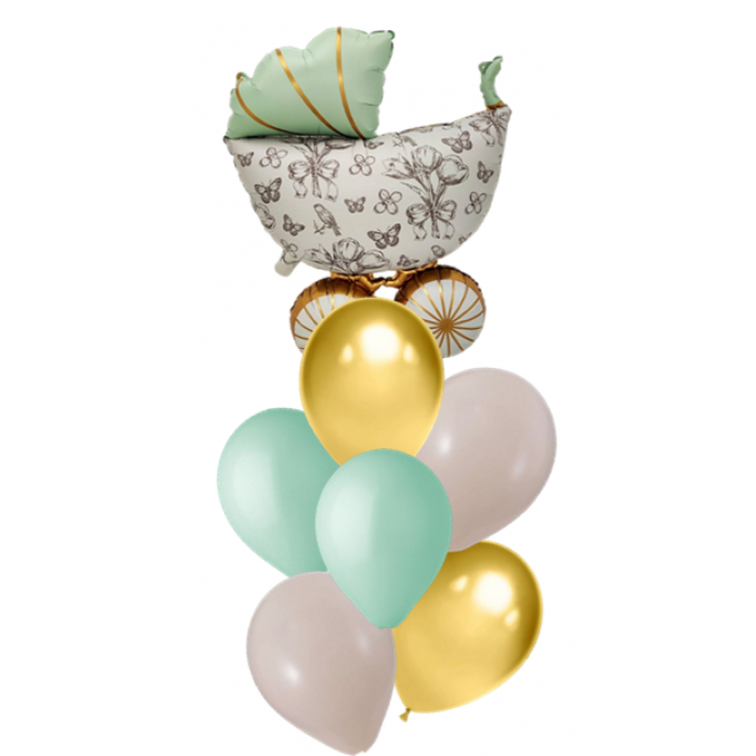 Набор шаров КОЛЯСКА Винтаж мятная сатин (фольга Фигура 36" + латекс 6шт)