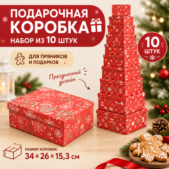 Коробка подарочная набор из 10 шт Прямоугольник 34*26*15,3 см ПРЯНИКИ НА КРАСНОМ