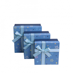 Коробка подарочная набор из 3 шт Квадрат 19*19*9см ЗВЕЗДЫ с бантом ГОЛУБОЙ
