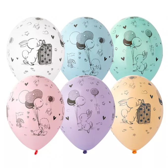 Воздушный шар латексный с рисунком 14" пастель шелкография Зайчик ассорти