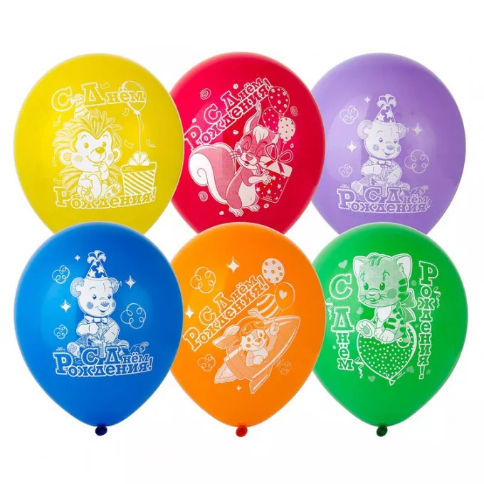 Воздушный шар латексный с рисунком 12" пастель С Днем Рождения! Зверюшки ассорти 25 шт