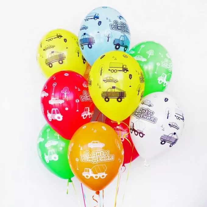 Воздушный шар латексный с рисунком 14" пастель шелкография С Днем Рождения! Машинки ассорти