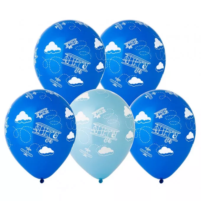 Воздушный шар латексный с рисунком 12" пастель шелкография Самолетики 25 шт