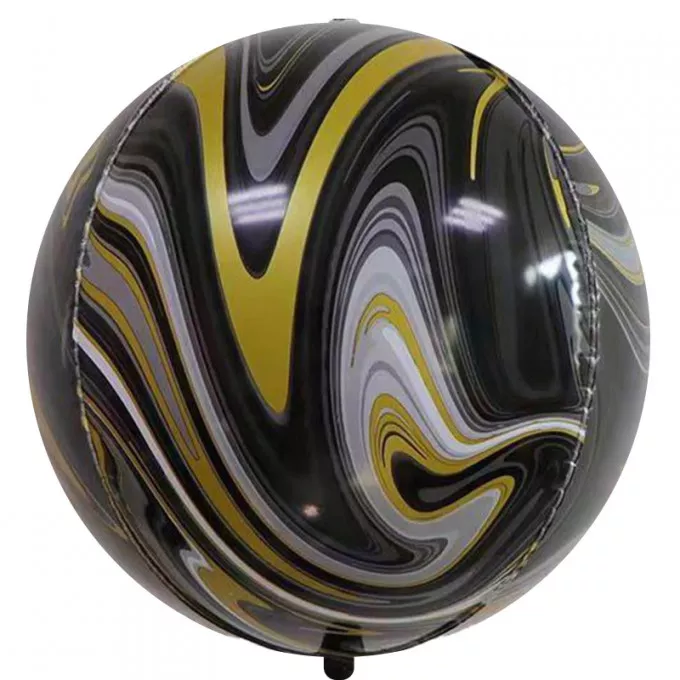 Воздушный шар Сфера 3D, 22''/56 см Мрамор, Черный/Золото, Агат