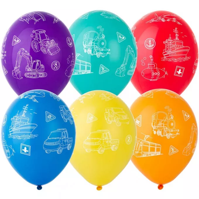 Воздушный шар латексный с рисунком 14" пастель шелкография Виды Транспорта ассорти