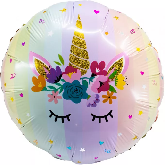 Воздушный шар фольгированный с рисунком 18" Круг Единорог спящий радужная пастель