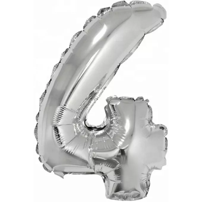 Воздушный шар фольгированный 16''/41 см Мини-цифра, 4, Серебро