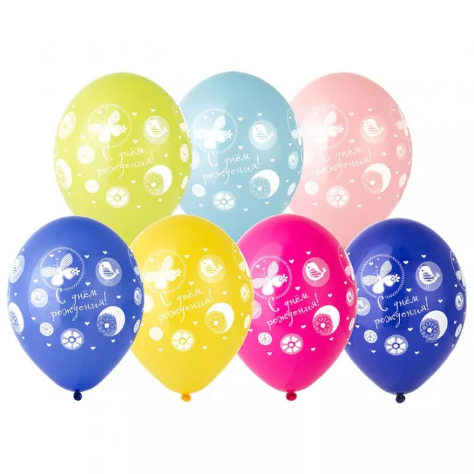 Воздушный шар латексный с рисунком 14" пастель шелкография С Днем рождения! Цветы Птицы ассорти 25 шт